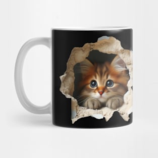 Irresistible cat emerging from a wall opening Mug